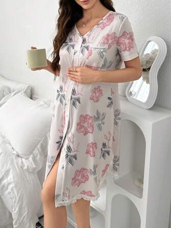 Lace Floral Print Maternity Sleep Dress With Pockets, Short Sleeve Pajama Dress