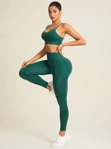 SHEIN Sport Studio Frauen Seamless Hohe Elastizität Sportanzug: Kurzes Cross-Back Einfarbig Weste und Leggings