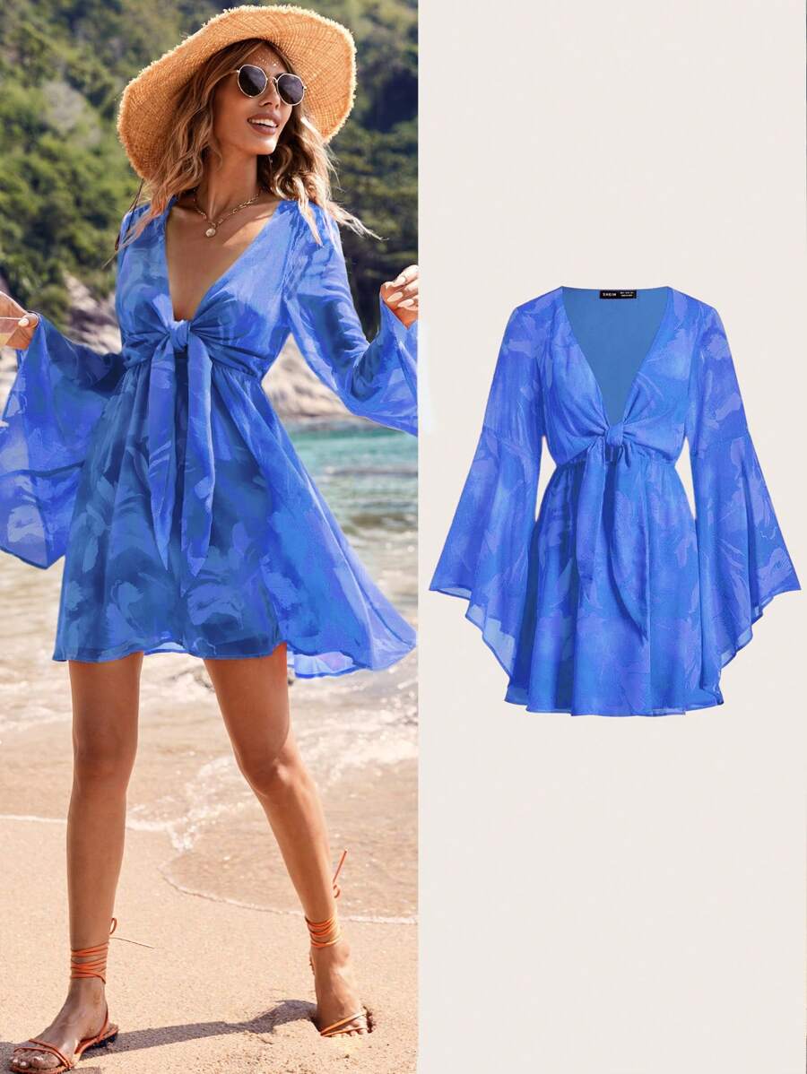 SHEIN VCAY Vacation Women Front Tie Long Sleeve Summer Dress