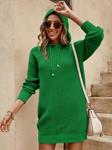 SHEIN Cottnline Vestido Estilo Suéter Con Capucha Y Cordón Con Hombros Caídos - Verde - Ver 7