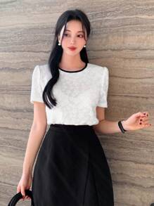 DAZY Áo sơ mi nữ tay ngắn rộng rãi màu tương phản, cổ tròn và thắt nơ, mùa hè, áo crop top nữ - trắng - Xem 3