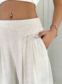 SHEIN EZwear Pantalones culotte de mezcla de lino para mujer, pantalones anchos de pierna con cintura elástica, pantalones palazzo casuales con bolsillos, capris - Albaricoque - Ver 4
