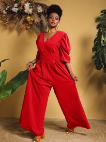 Slaydiva Plus Size Elegant Jumpsuit With Low-Cut Neckline - Red - View 5