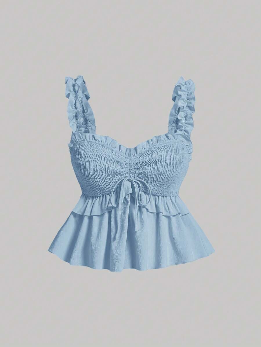 SHEIN MOD Women Solid Color Halterneck Ruffle Hem Casual Summer Tank Top - Blue - View 1