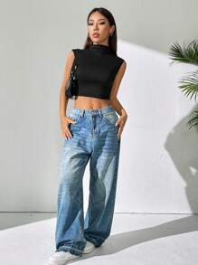 INAWLY Top corto de tirantes anchos, cuello alto y unicolor informal de verano para mujer - Negro - Ver 5