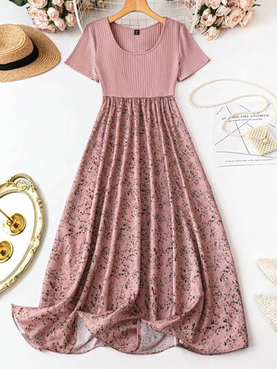 SHEIN Clasi Vestido floral de mujer talla grande de manga corta, patchwork, vestido largo veraniego para mujer