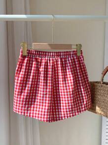 Comfortcana Women Red Plaid Woven Loose Casual Shorts