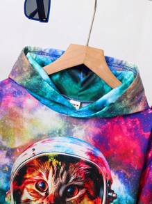 SHEIN 男孩休閒貓動物全像印花連帽短袖上衣和褲子針織兩件套 - 紫色 - 查看 5