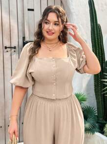 Dreamara Camisa Khaki con botones para mujeres de talla grande WYWH para vacaciones
