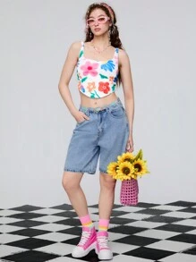 SHEINNeu Women Fashion Short Asymmetrical Hem Printed Tank Top