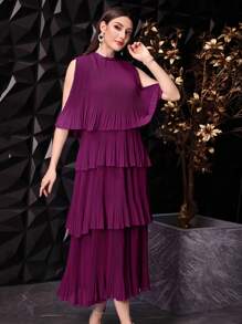 Modelyn Vestido de verano para mujer de unicolor con mangas tipo capa y cuello tipo solapa, borde con volantes multicapa y diseño elegante de vestidos largos de noche