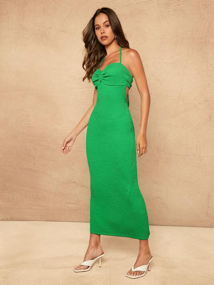 Ruched Bust Tie Backless Split Dress