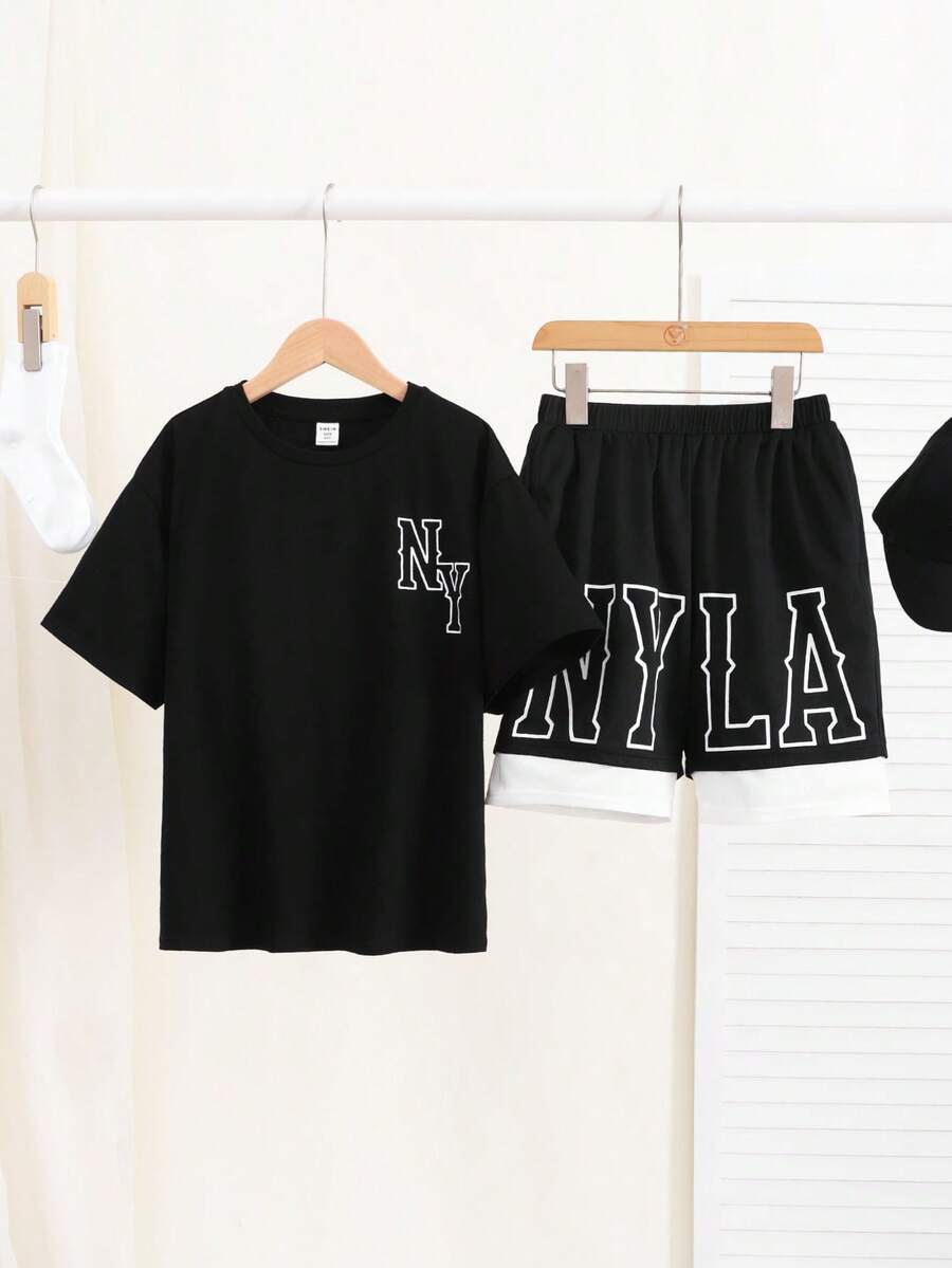 SHEIN Tween Boy Summer Casual Street Style Letter Print Round Neck Pullover Short Sleeve T-Shirt And Shorts Two-Piece Set