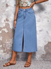 SHEIN LUNE Women Solid Simple Slit Midi Denim Skirt - Blue - View 5