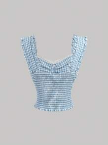 SHEIN MOD Summer Bowknot Design Blue Plaid Pleated Lace Hem Ruffle Trimmed Sleeveless Shirt - Multicolor - View 2