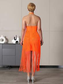 New Bright Colored Fringe Halter Bandage Bodycon Dress - Orange - View 2