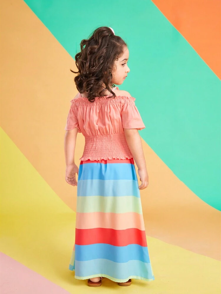 Young Girl Mexican Children Day Dopamine Pink Cold Shoulder Top And Colorful Striped Maxi Skirt Set For Summer