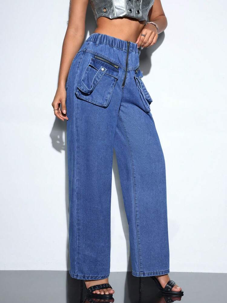 Women Zipper-Fly Workwear Pocket Straight-Leg Casual Jeans
