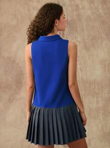 Forever 21 Nuevo vestido recto informal de verano para mujeres con cuello de solapa, sin mangas, diseño de parches y media abertura en estilo universitario - Gris - Ver 2