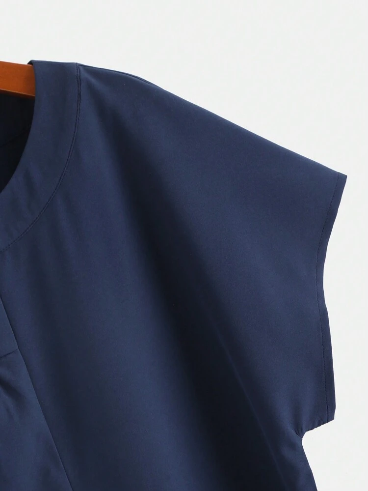 Women Summer Solid Color Round Neck Short Sleeve Shirt With Tie And Pocket