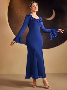 Modelyn 女士春夏長款優雅拼接荷葉邊領口喇叭袖魚尾裙 - 藍色 - 查看 6