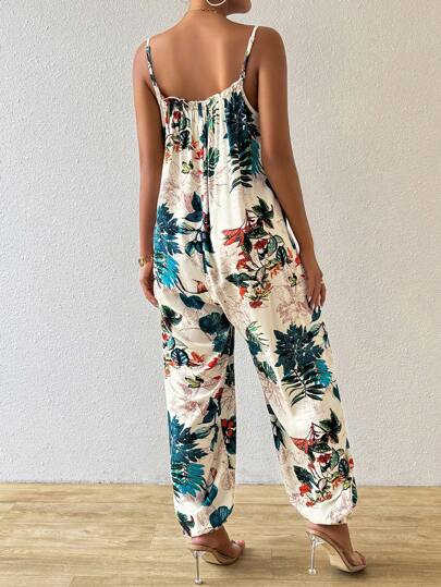 SHEIN Essnce Casual Women Summer Vacation Style Loose Tropical Plant Print Cami Jumpsuit Summer Bloomers Jumpsuit Hawaiian Jumpsuit