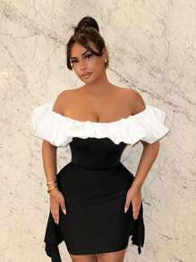 SHEIN SXY 女性性感露肩兩色連體衣 - 黑與白 - 查看 5