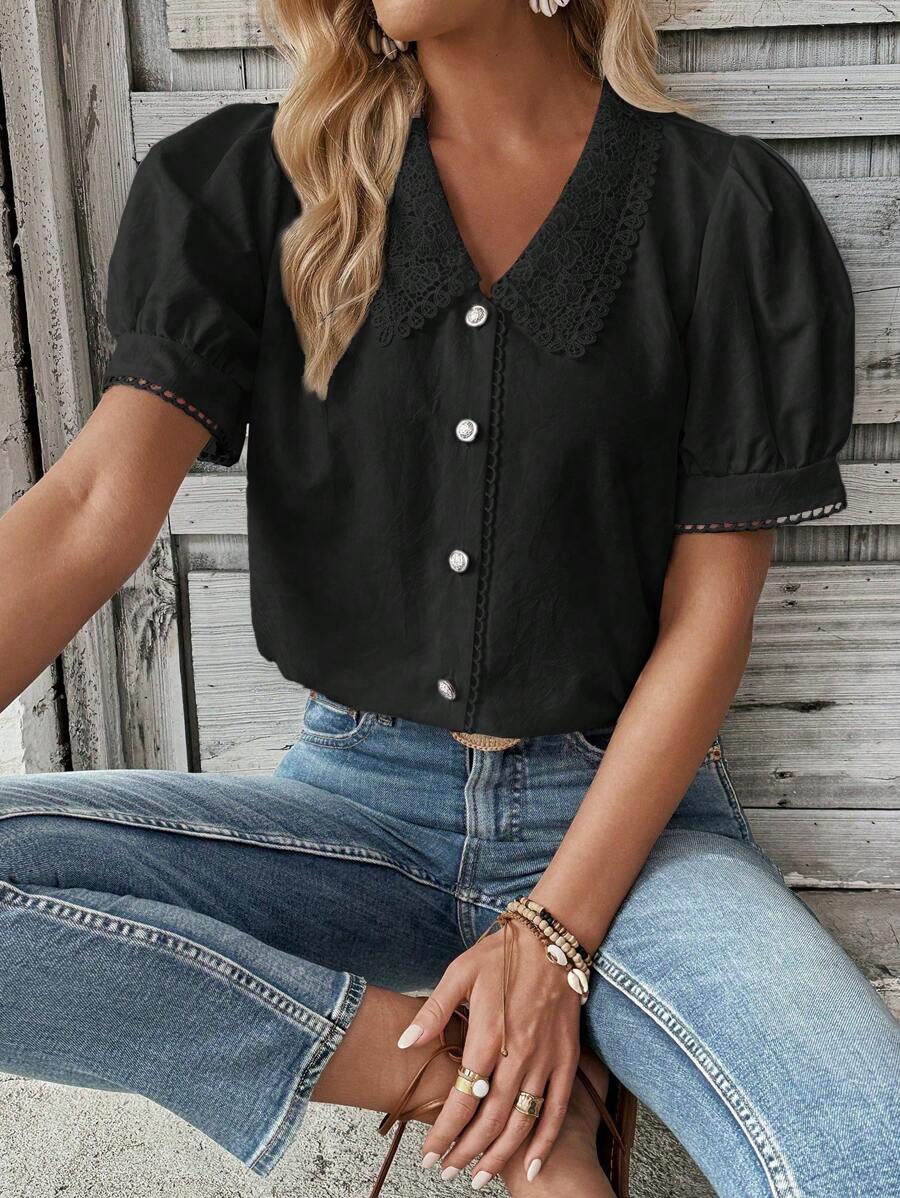 Breezaya Solid Color Short Sleeve Shirt With Peter Pan Collar And Lace Patchwork