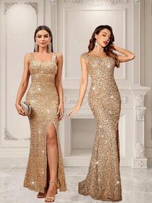 SHEIN Belle Đầm suông cut out lưng cao có váy dạ hội xẻ tà cao dành cho nữ dự vũ hội - Rượu sâm banh - Xem 3