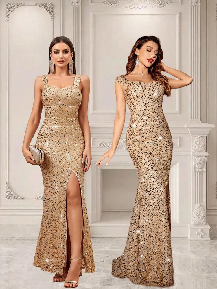 SHEIN Belle Đầm suông cut out lưng cao có váy dạ hội xẻ tà cao dành cho nữ dự vũ hội - Rượu sâm banh - Xem 3