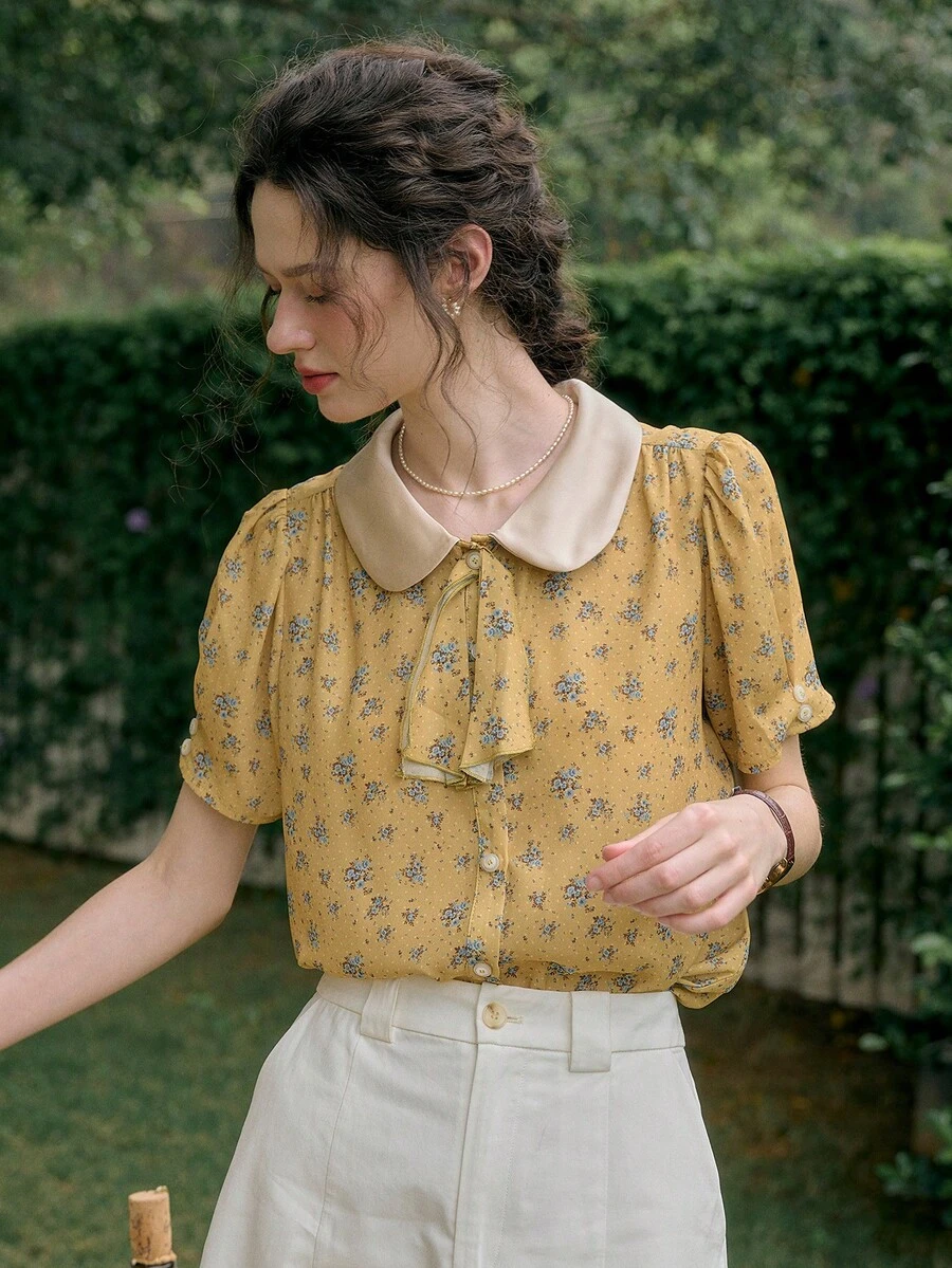 Simple Retro 女士休闲碎花荷叶边领衬衫 - 綠色 - 查看 1