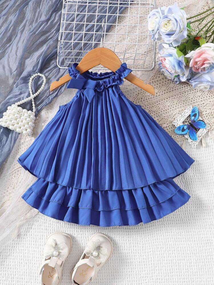 Baby Girl Summer Fashionable Pleated Dress With Bow Decoration