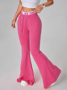 SHEIN EZwear Quần ống loe dệt kim cạp thấp màu chắp vá thể thao dành cho nữ, Xuân/Hè - Hồng - Xem 4