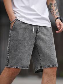 Manfinity Homme Men Straight Waist Cinched Denim Shorts - Light Grey - View 5