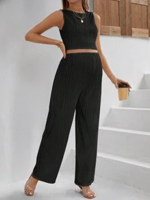 SHEIN 孕婦夏季休閒純色無袖短上衣和直筒褲套裝 - 黑色 - 查看 4