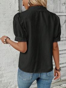 Breezaya Solid Color Short Sleeve Shirt With Peter Pan Collar And Lace Patchwork