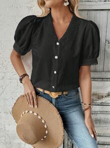 Breezaya Solid Color Short Sleeve Shirt With Peter Pan Collar And Lace Patchwork