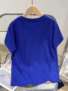 青少年男孩寬鬆運動拼接短袖T恤，圓領設計 - 藍色 - 查看 2