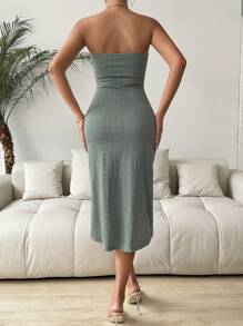 Calvaya Vestido elegante de verano para mujer, sólido de un solo color, ajustado, plisado, sin tirantes, con abertura lateral