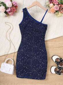 Tween Girl Asymmetric Neckline Dress, Glittery Dress, Party