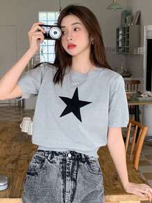 DAZY 圆领针织短袖星星图案上衣 Y2k 夏季 - 灰色 - 查看 3