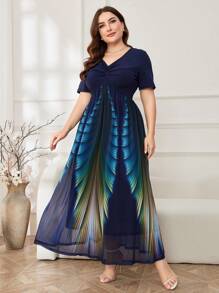 Modelyn Plus Size Women Double Layered Peacock Printed Short-Sleeved Dress Women Outfit Long Dress, For Summer - Navy Blue - View 5