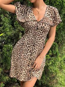 SHEIN Essnce Chi tiết nút in hình động vật Váy trà mini tay bồng - Nhiều màu - Xem 4