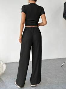 SHEIN EZwear Women Solid Color Short-Sleeve Stand Collar Top With Drawstring Long Pants Two-Piece Set