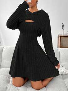 SHEIN EZwear 女士春夏季純色落肩長袖超短上衣和連衣裙休閒2件裝 - 黑色 - 查看 3