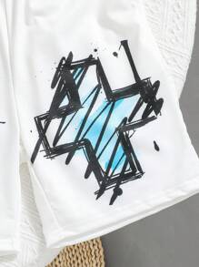 T-shirt Aus Kurzen Cartoon Bedruckten Ärmeln Und Gestrickten Shorts Outfit Für Jungen, Lässiger Street Style, Sommer - Weiss - Übersicht 6