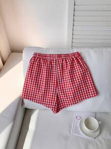 Comfortcana Women Red Plaid Woven Loose Casual Shorts
