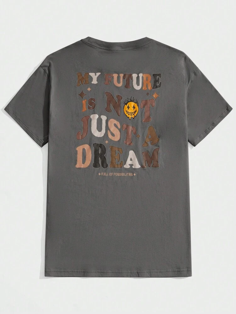 Loose Men Cotton Tee With Slogan And Cartoon Face Print