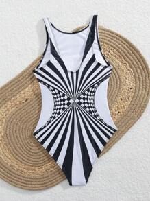 SHEIN Swim Basics Đồ bơi một mảnh đơn giản không tay dành cho nữ đi biển mùa hè - Đen và trắng - Xem 6