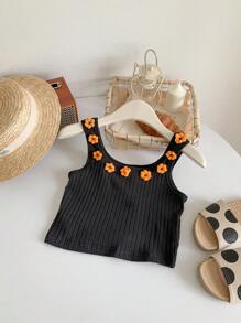 SHEIN Young Girl Knitted Solid Color Square Neck Fitting Casual Tank Top - Black - View 7